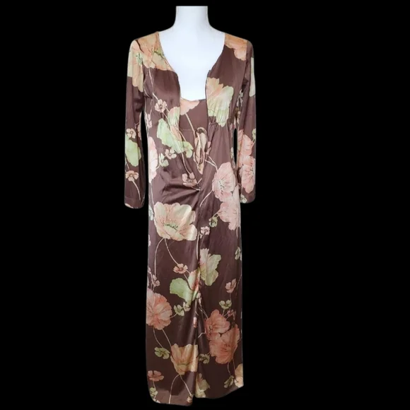 VTG Long Slip Babydoll Dress Brown 2 Pc Robe Set Peach Sz S Loungewear 70s Nylon - Picture 16 of 16